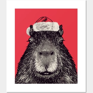 Christmas Capybara with Santa Hat Posters and Art